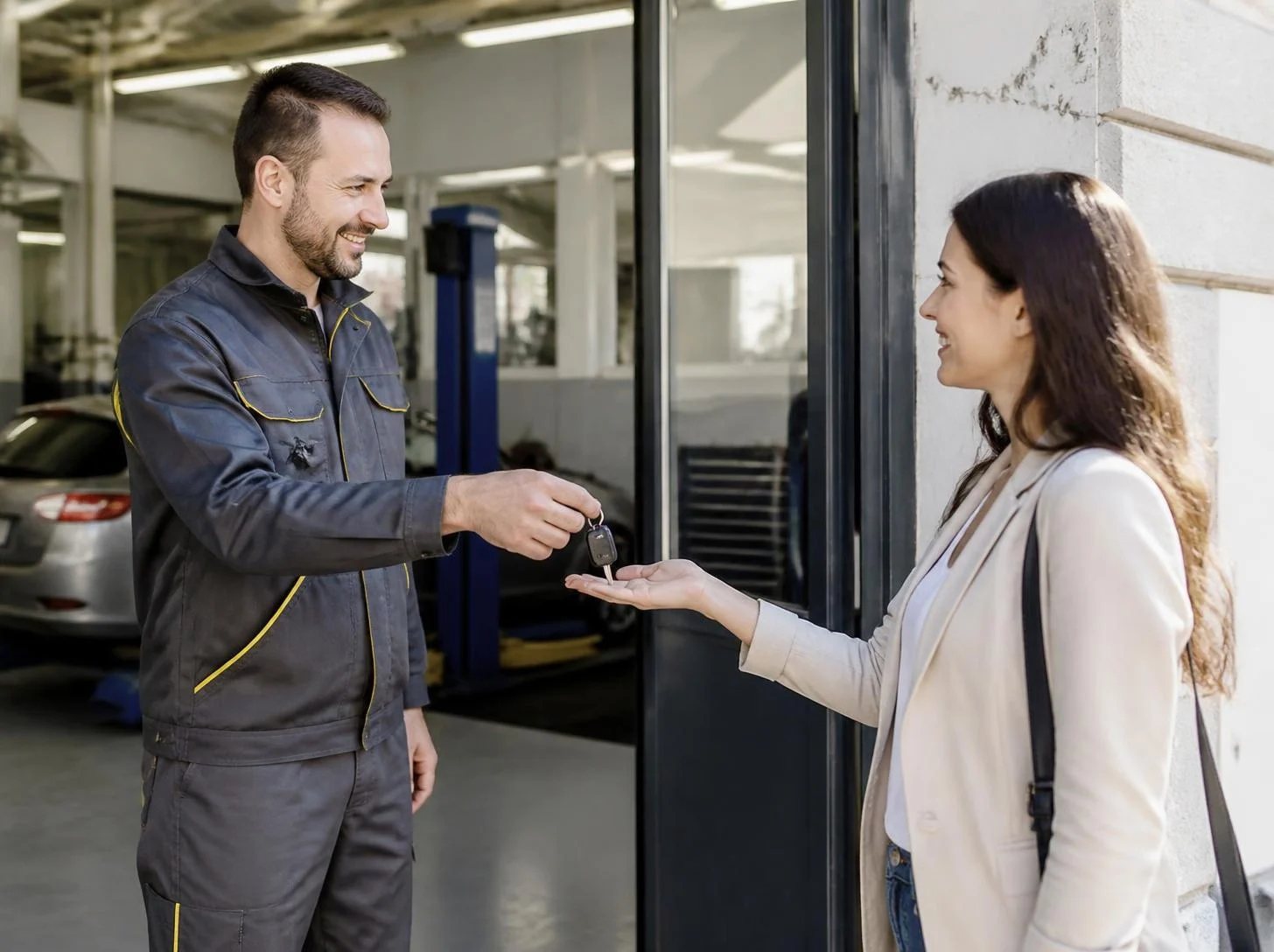 Meccanico AM Service consegna le chiavi dell'auto riparata a una cliente