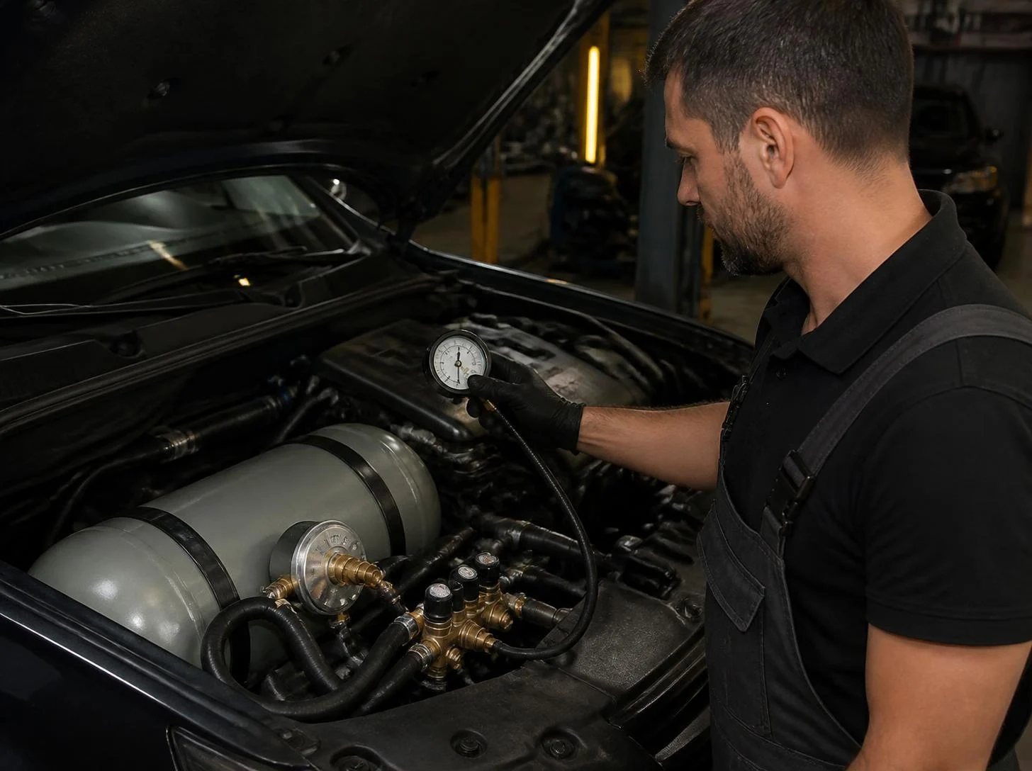 Tecnico che controlla un impianto GPL installato nel vano motore