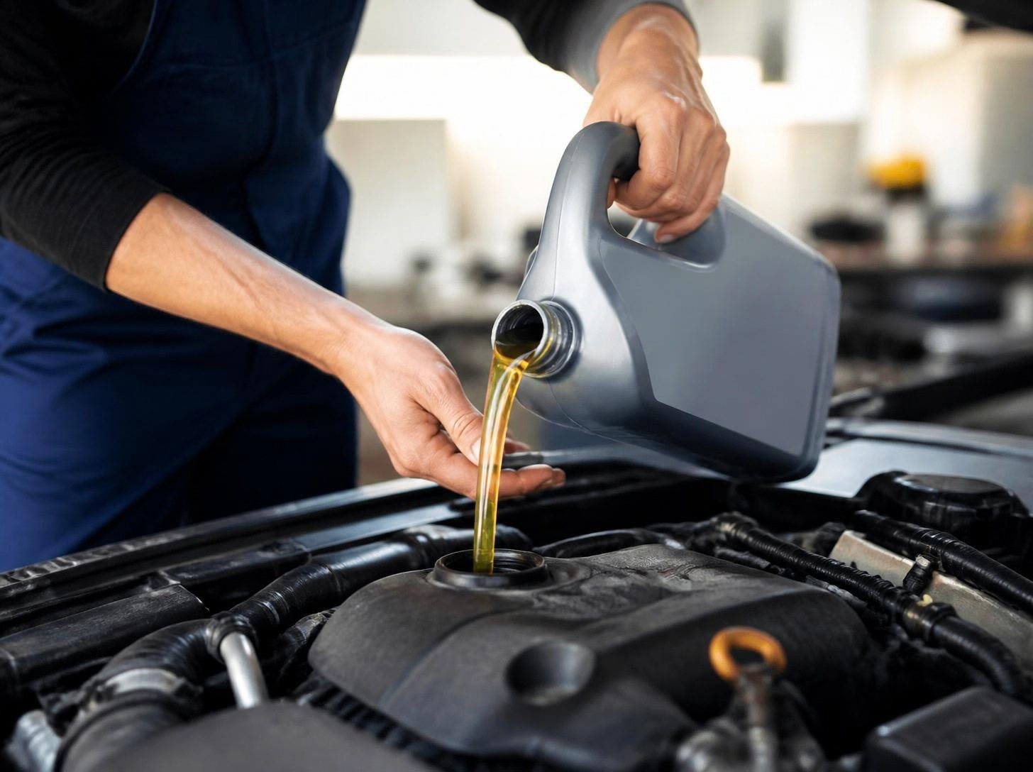 Meccanico al lavoro sul motore e sull'impianto frenante di un'auto nell'officina AM Service a Castel del Piano
